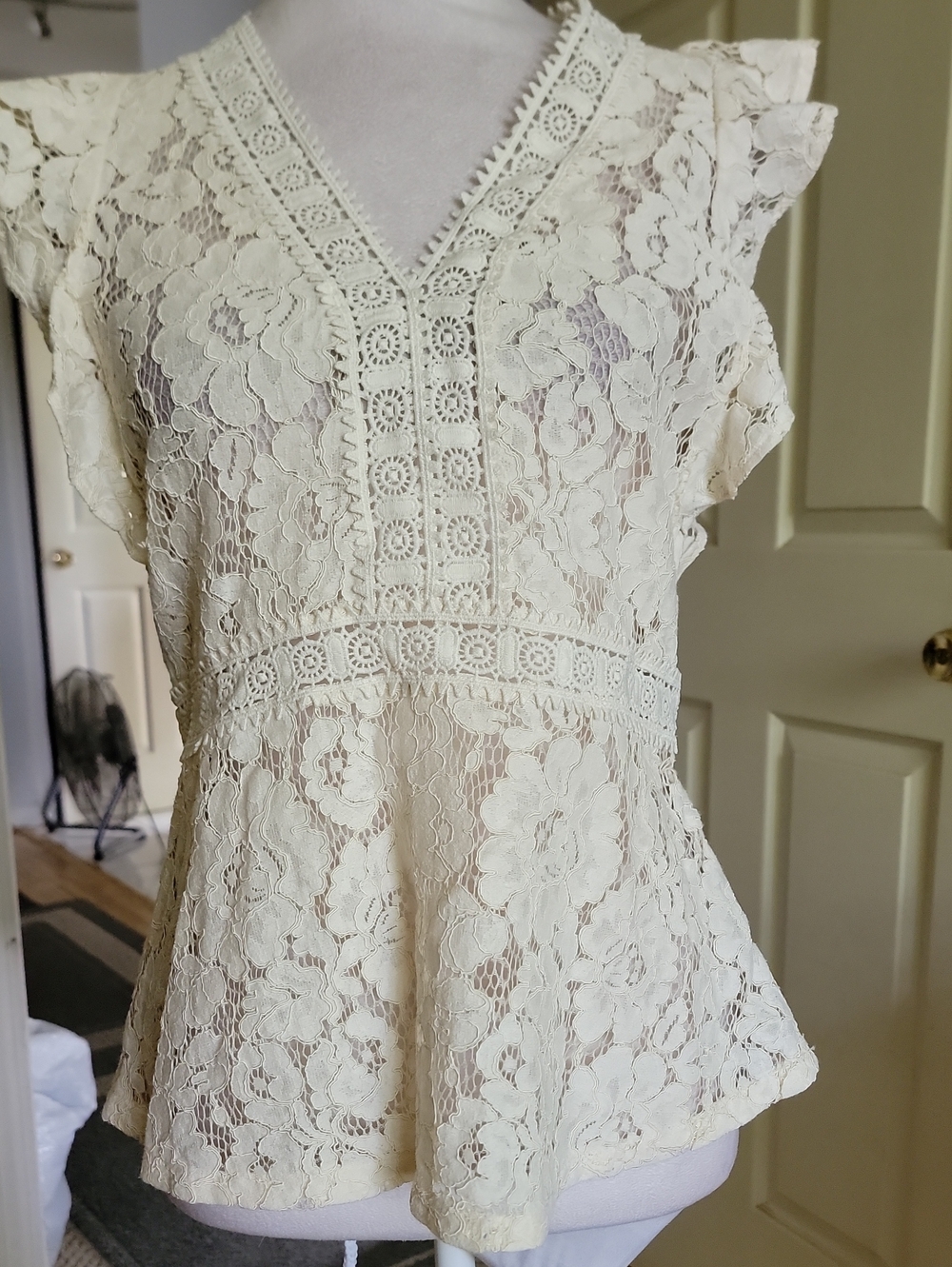 Loft Women's Cream Lace V-Neck Flutter Sleeve Top